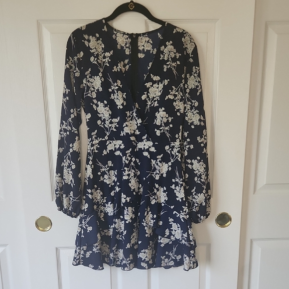 Navy Dark Blue Floral Flirty Faux Wrap Fabric Belt Long Sleeve Dress Size M - Picture 11 of 11